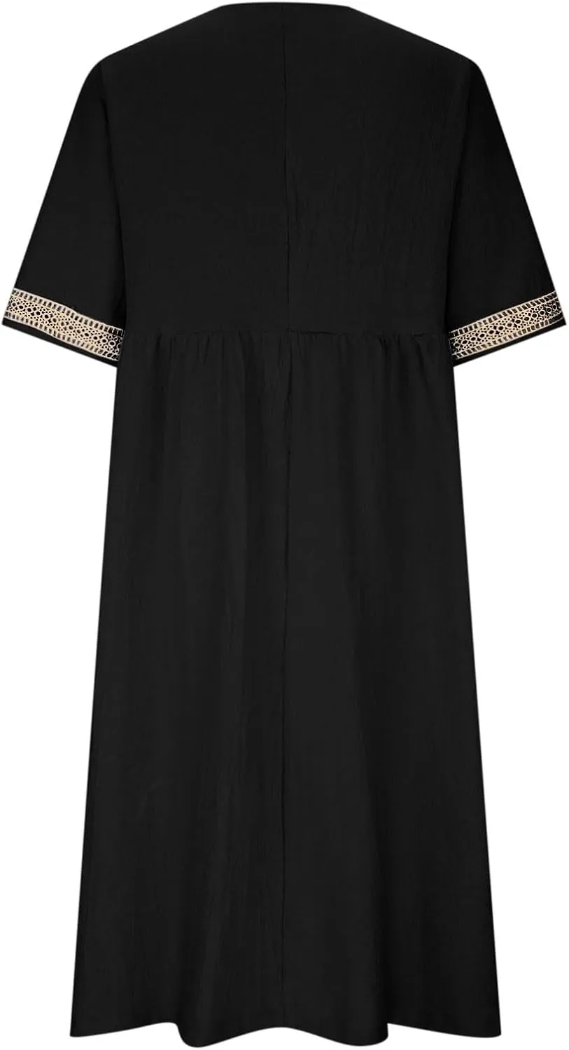 Graduation Dresses for Women 2025 Short Sleeve Dress V Neck Lace Boho Sundress Preppy Fashion Summer Sundresses