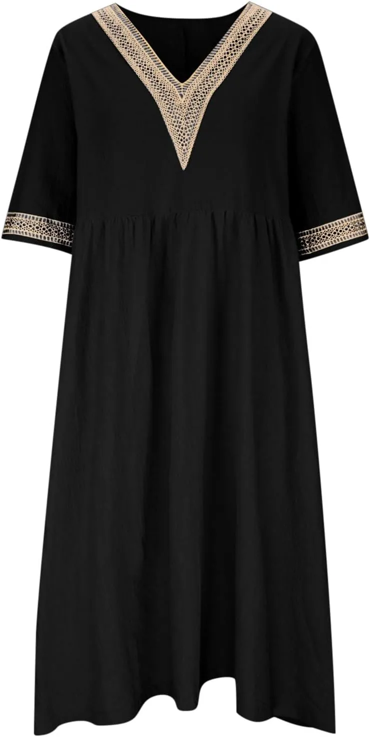Graduation Dresses for Women 2025 Short Sleeve Dress V Neck Lace Boho Sundress Preppy Fashion Summer Sundresses