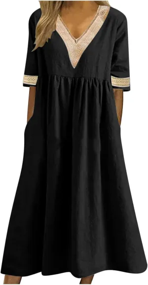 Graduation Dresses for Women 2025 Short Sleeve Dress V Neck Lace Boho Sundress Preppy Fashion Summer Sundresses