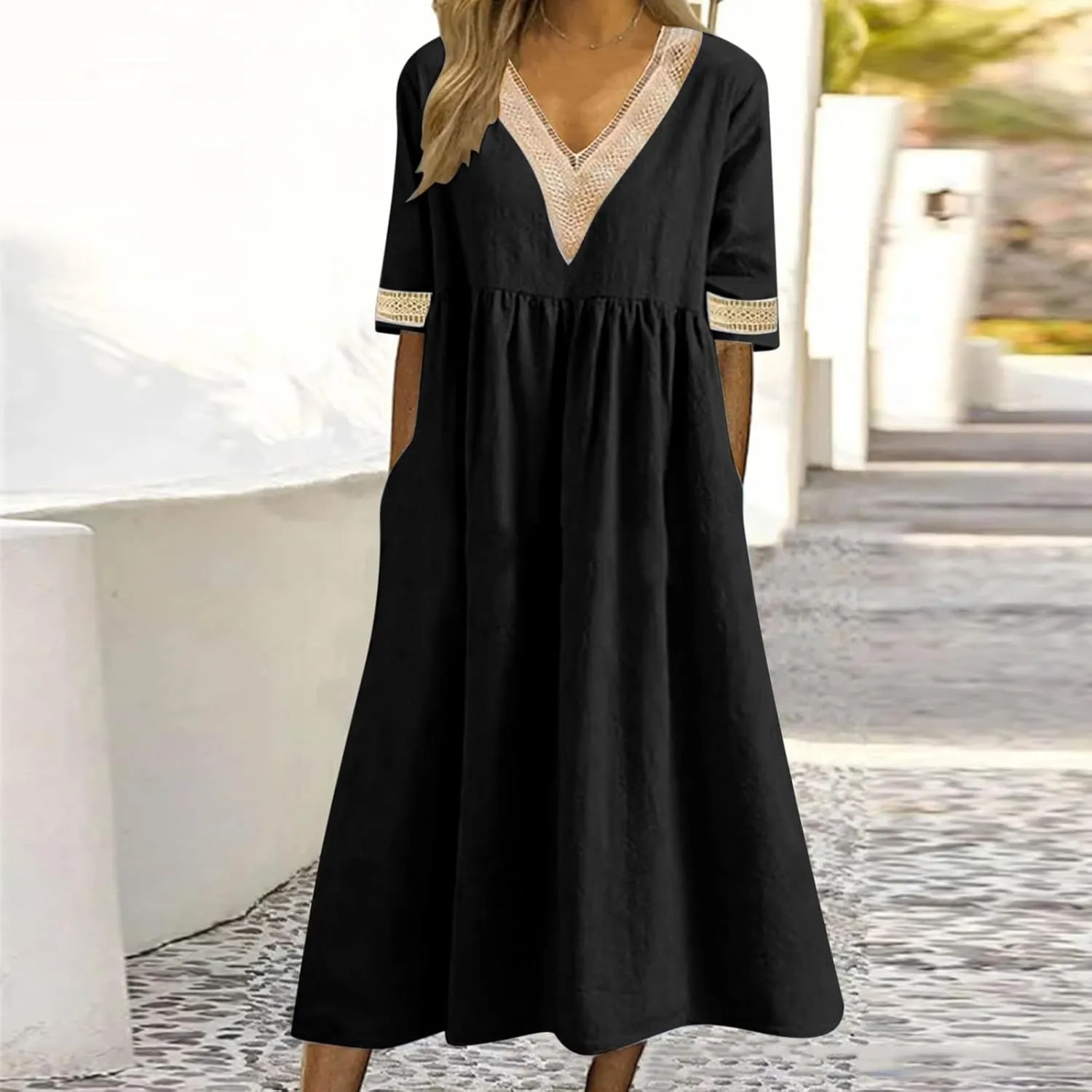 Graduation Dresses for Women 2025 Short Sleeve Dress V Neck Lace Boho Sundress Preppy Fashion Summer Sundresses