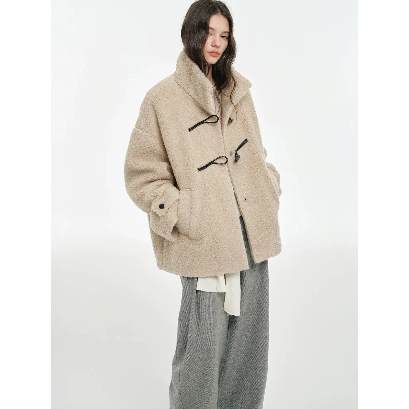 Grainy Shearling Toggle Coat