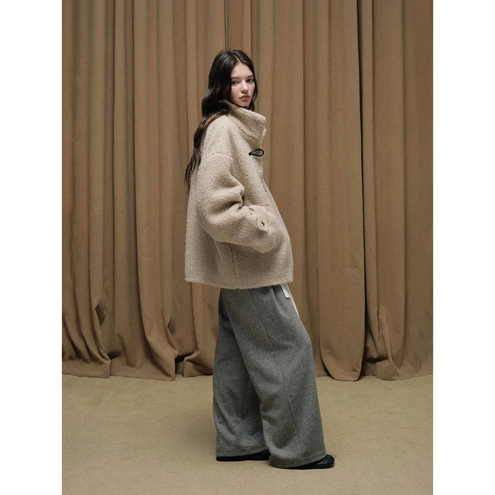 Grainy Shearling Toggle Coat