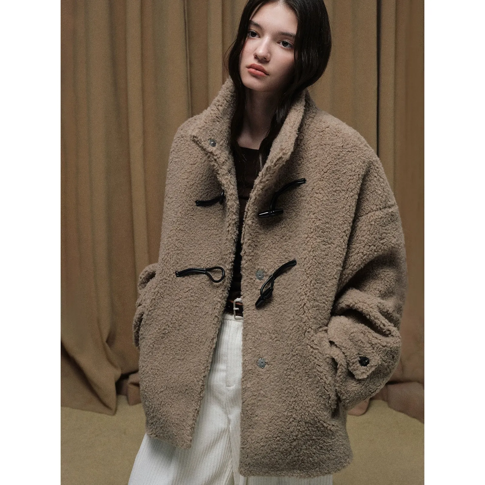 Grainy Shearling Toggle Coat