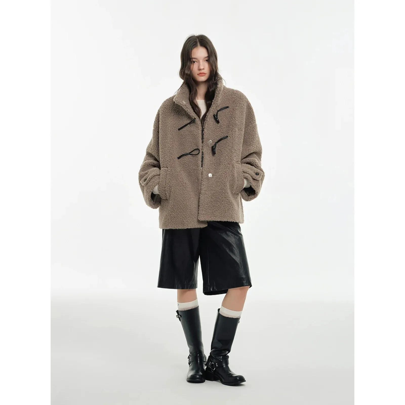 Grainy Shearling Toggle Coat