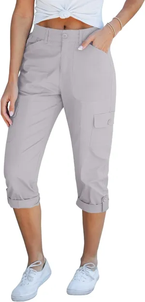 GRAPENT Cargo Capri Pants for Women High Waisted Relaxed Fit Elastic Knit Waist Casual Capris Trousers Cropped Pants