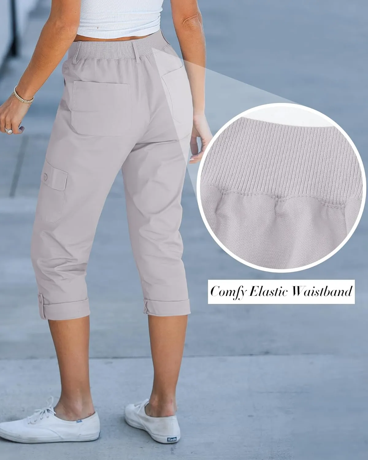 GRAPENT Cargo Capri Pants for Women High Waisted Relaxed Fit Elastic Knit Waist Casual Capris Trousers Cropped Pants