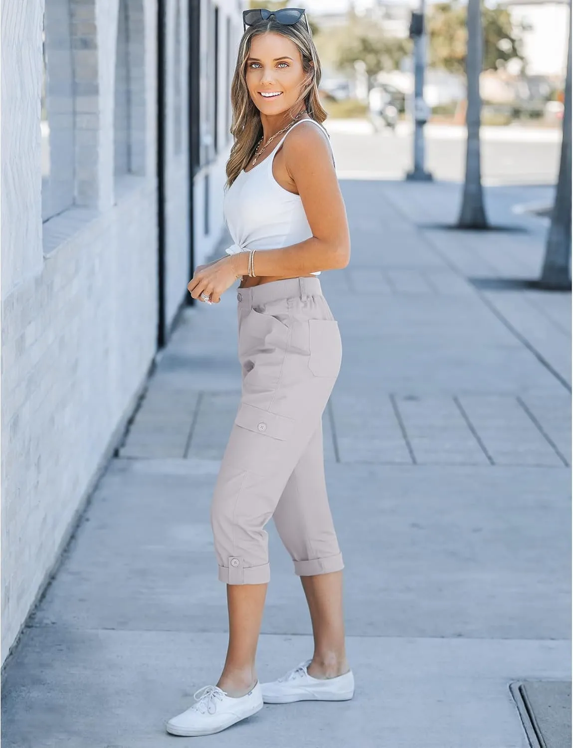 GRAPENT Cargo Capri Pants for Women High Waisted Relaxed Fit Elastic Knit Waist Casual Capris Trousers Cropped Pants