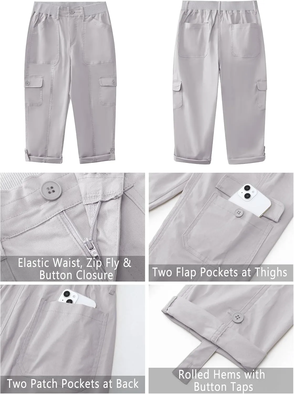 GRAPENT Cargo Capri Pants for Women High Waisted Relaxed Fit Elastic Knit Waist Casual Capris Trousers Cropped Pants