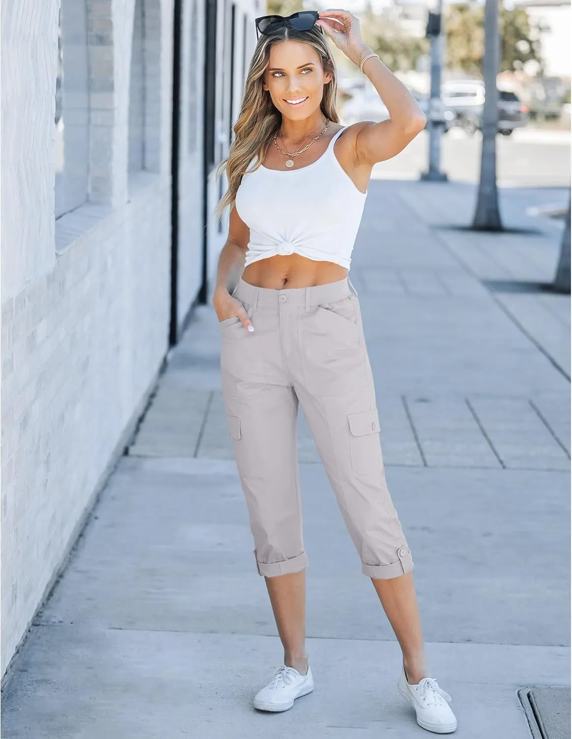 GRAPENT Cargo Capri Pants for Women High Waisted Relaxed Fit Elastic Knit Waist Casual Capris Trousers Cropped Pants