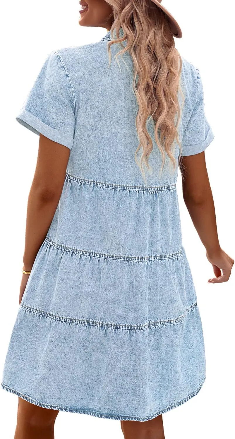 GRAPENT Denim Dress for Women Babydoll Tiered Short Sleeve Button Down Jean Shirt Dresses