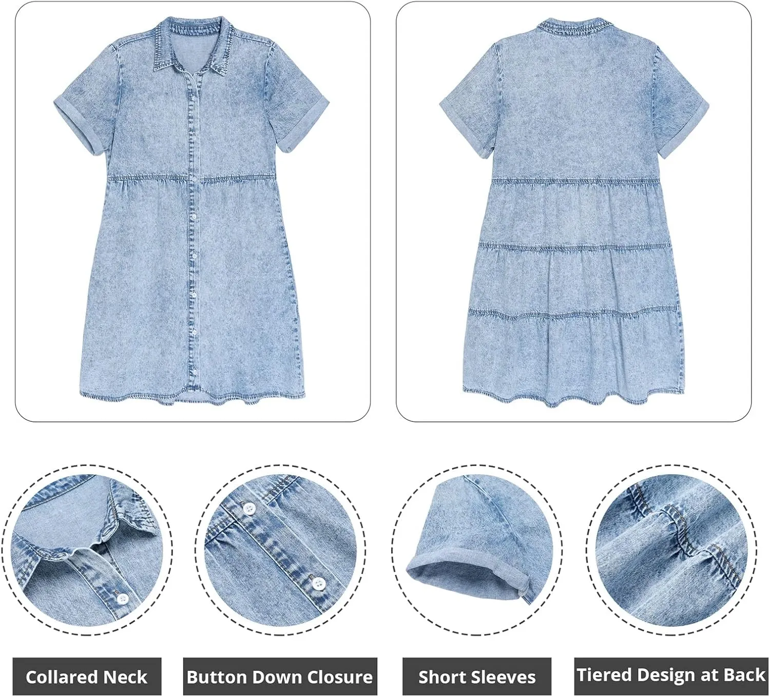 GRAPENT Denim Dress for Women Babydoll Tiered Short Sleeve Button Down Jean Shirt Dresses