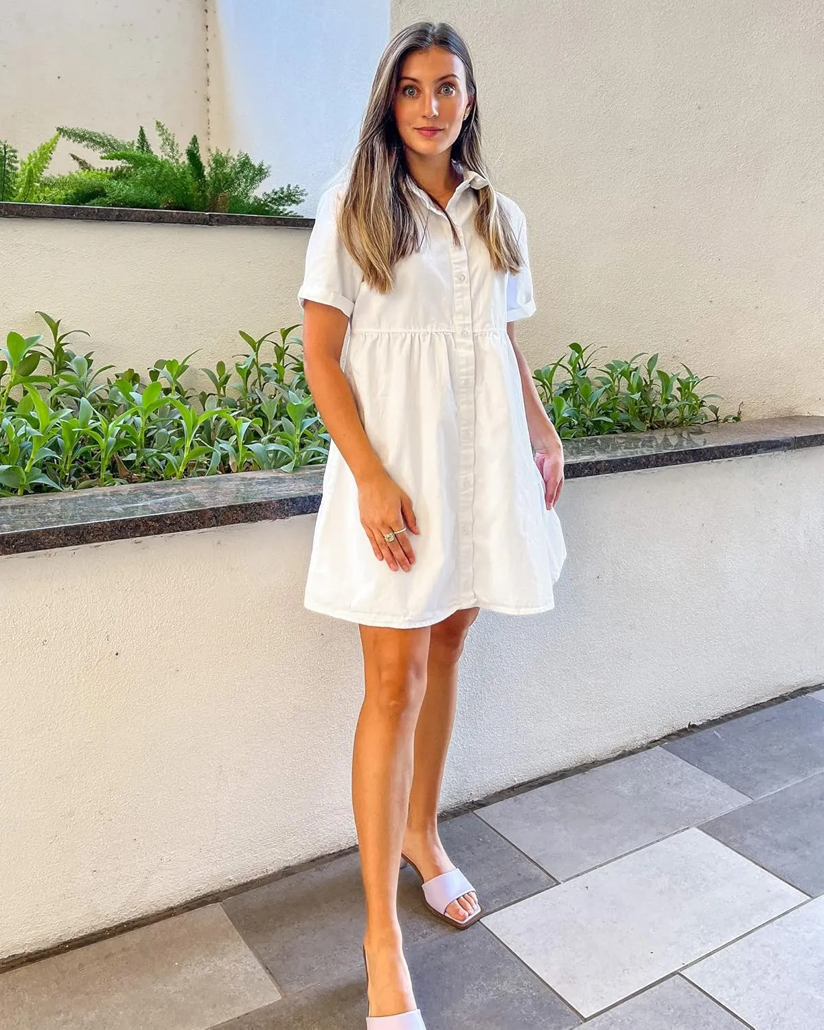 GRAPENT Denim Dress for Women Babydoll Tiered Short Sleeve Button Down Jean Shirt Dresses