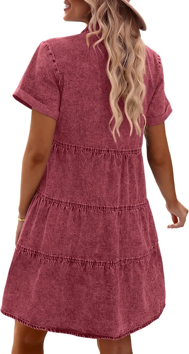 GRAPENT Denim Dress for Women Babydoll Tiered Short Sleeve Button Down Jean Shirt Dresses