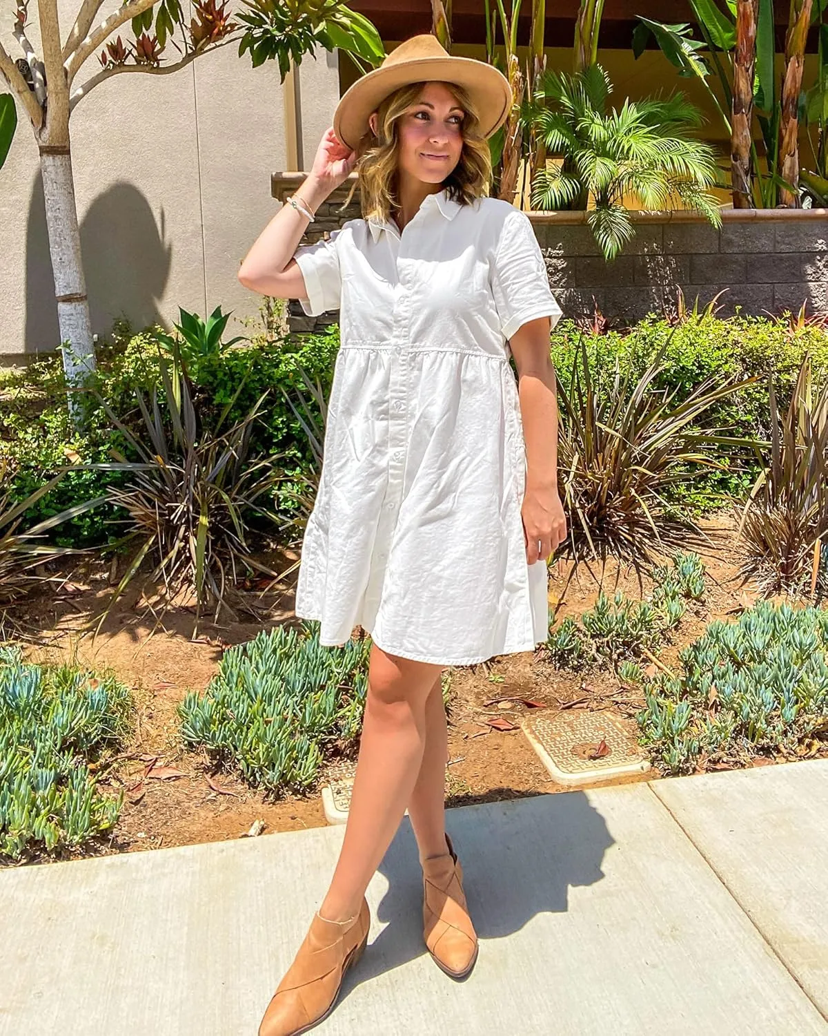GRAPENT Denim Dress for Women Babydoll Tiered Short Sleeve Button Down Jean Shirt Dresses