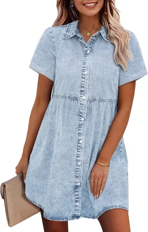 GRAPENT Denim Dress for Women Babydoll Tiered Short Sleeve Button Down Jean Shirt Dresses