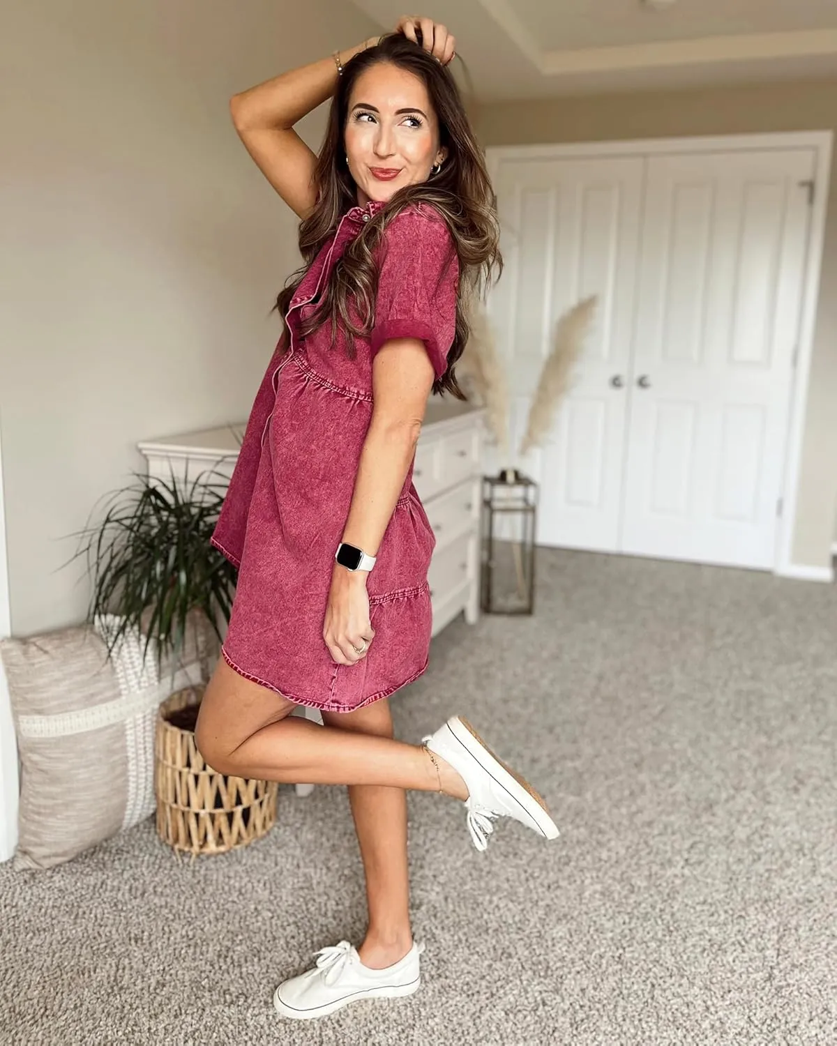 GRAPENT Denim Dress for Women Babydoll Tiered Short Sleeve Button Down Jean Shirt Dresses