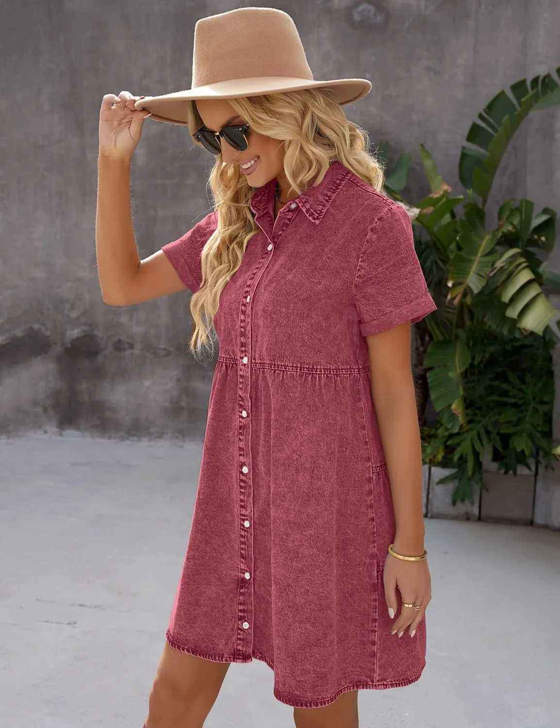 GRAPENT Denim Dress for Women Babydoll Tiered Short Sleeve Button Down Jean Shirt Dresses