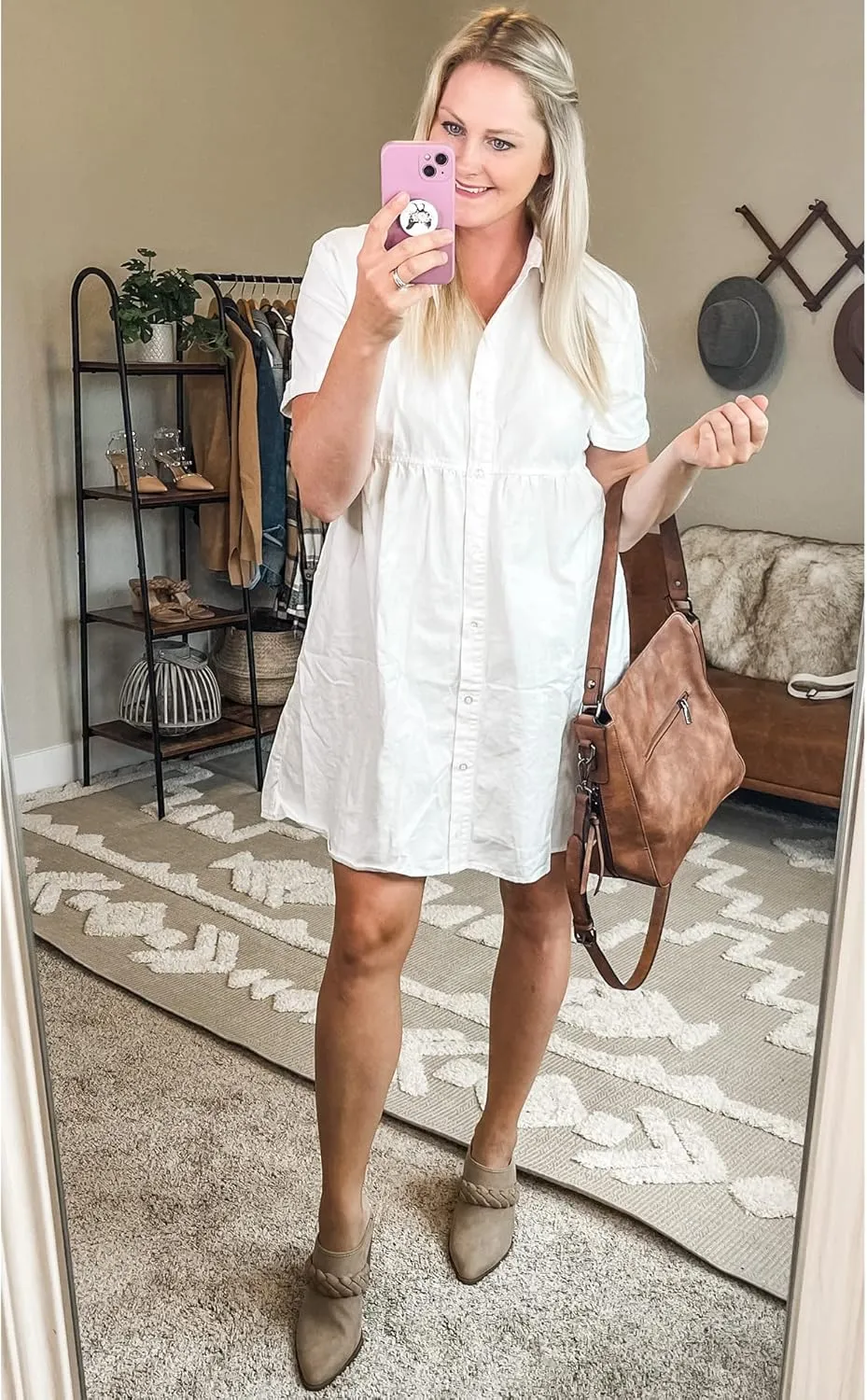 GRAPENT Denim Dress for Women Babydoll Tiered Short Sleeve Button Down Jean Shirt Dresses