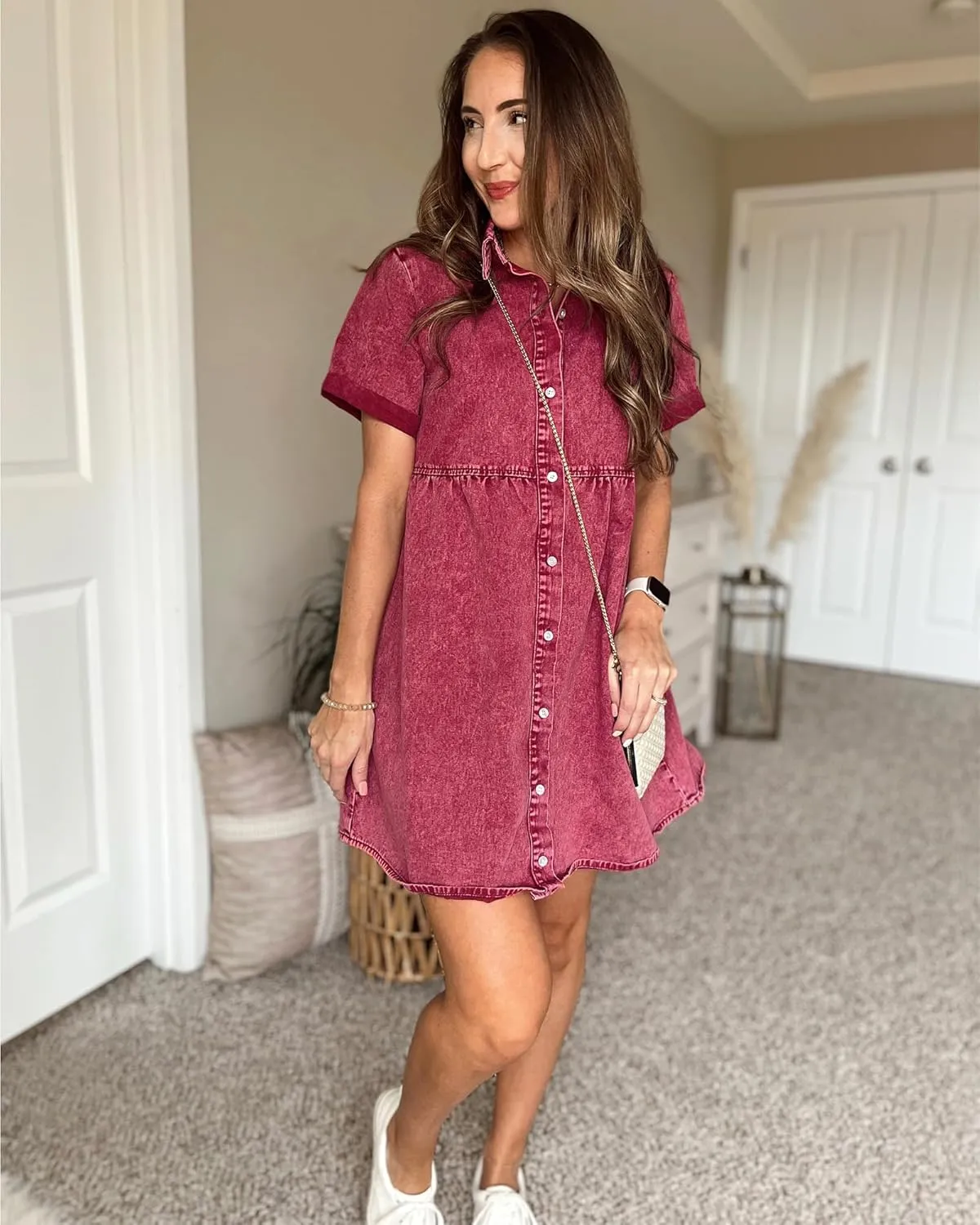 GRAPENT Denim Dress for Women Babydoll Tiered Short Sleeve Button Down Jean Shirt Dresses