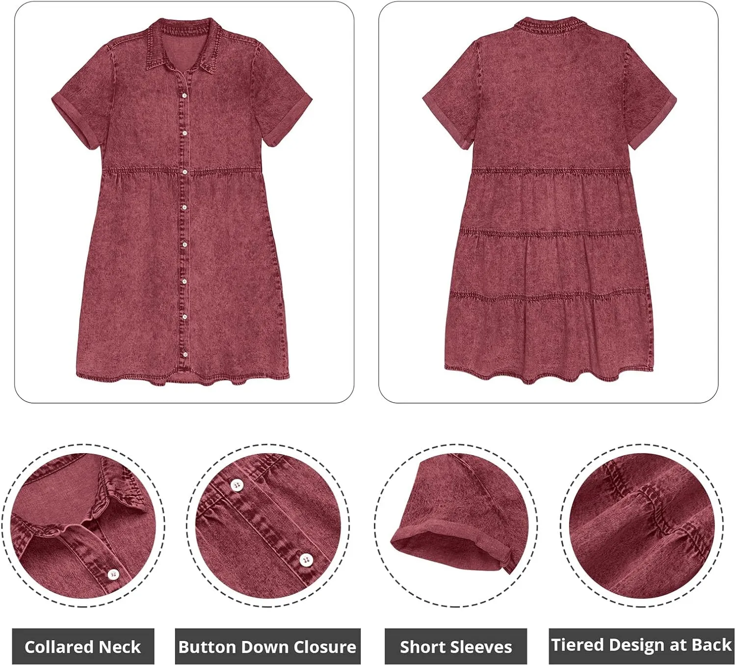 GRAPENT Denim Dress for Women Babydoll Tiered Short Sleeve Button Down Jean Shirt Dresses