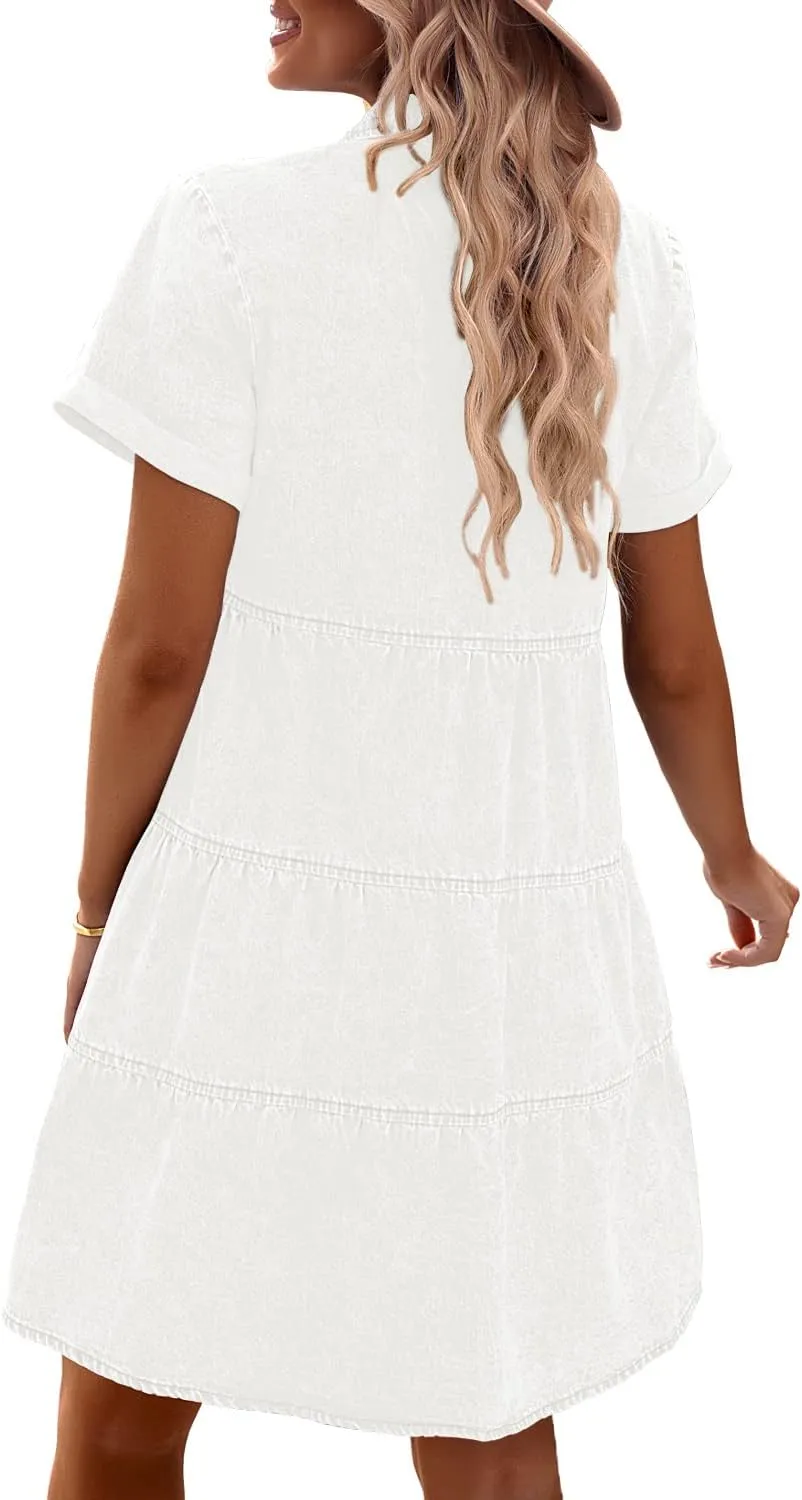 GRAPENT Denim Dress for Women Babydoll Tiered Short Sleeve Button Down Jean Shirt Dresses