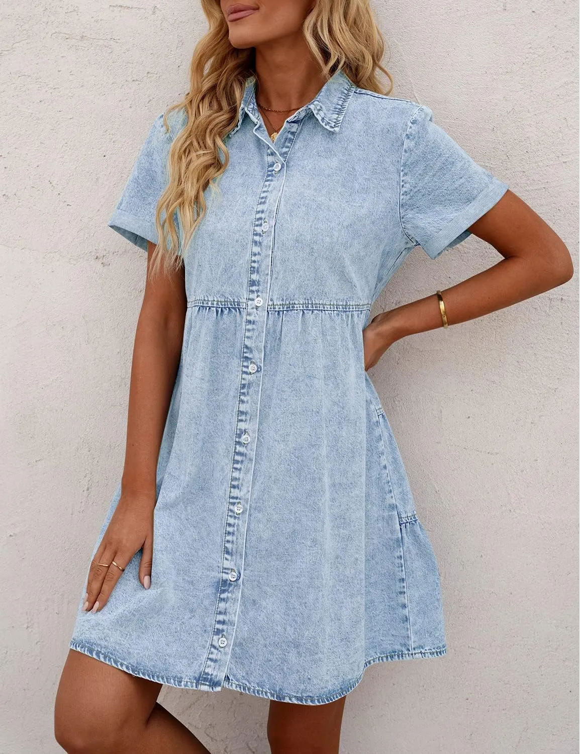 GRAPENT Denim Dress for Women Babydoll Tiered Short Sleeve Button Down Jean Shirt Dresses