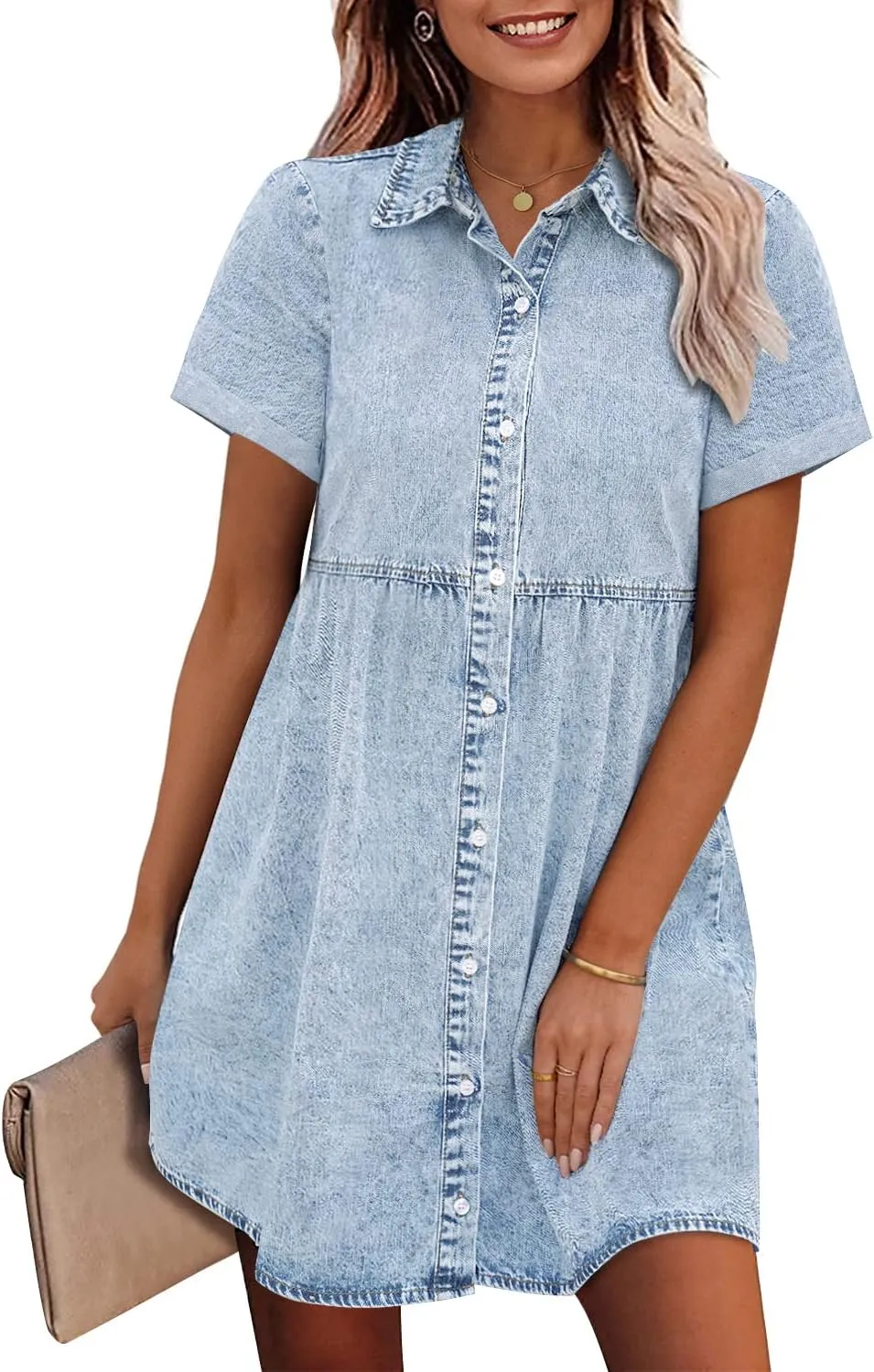 GRAPENT Denim Dress for Women Babydoll Tiered Short Sleeve Button Down Jean Shirt Dresses
