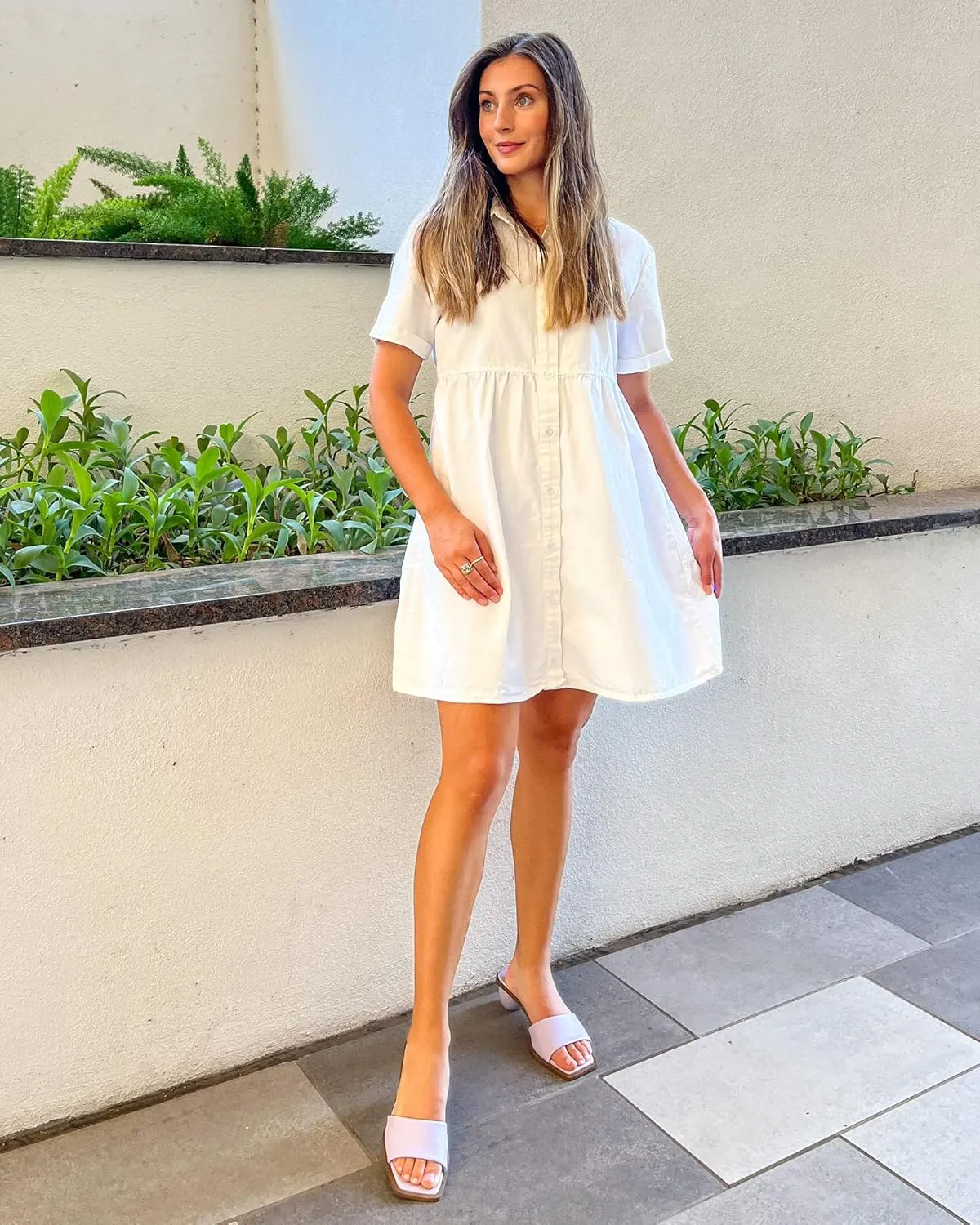 GRAPENT Denim Dress for Women Babydoll Tiered Short Sleeve Button Down Jean Shirt Dresses
