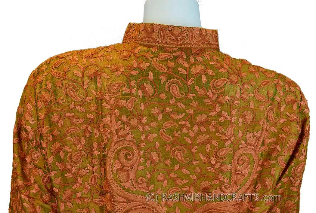 Green Rust Silk Jacket Iridescent Dinner Paisley Evening Dress Coat Hand Embroidered Kashmir