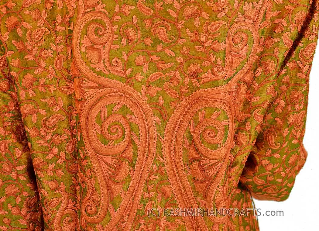 Green Rust Silk Jacket Iridescent Dinner Paisley Evening Dress Coat Hand Embroidered Kashmir