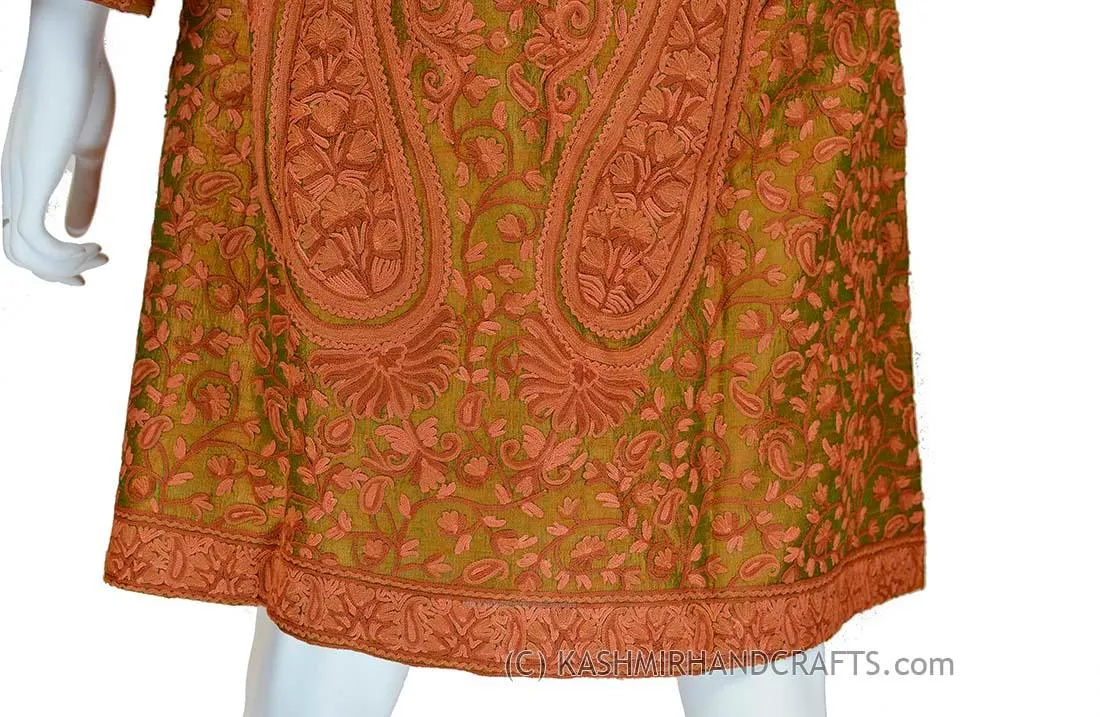Green Rust Silk Jacket Iridescent Dinner Paisley Evening Dress Coat Hand Embroidered Kashmir