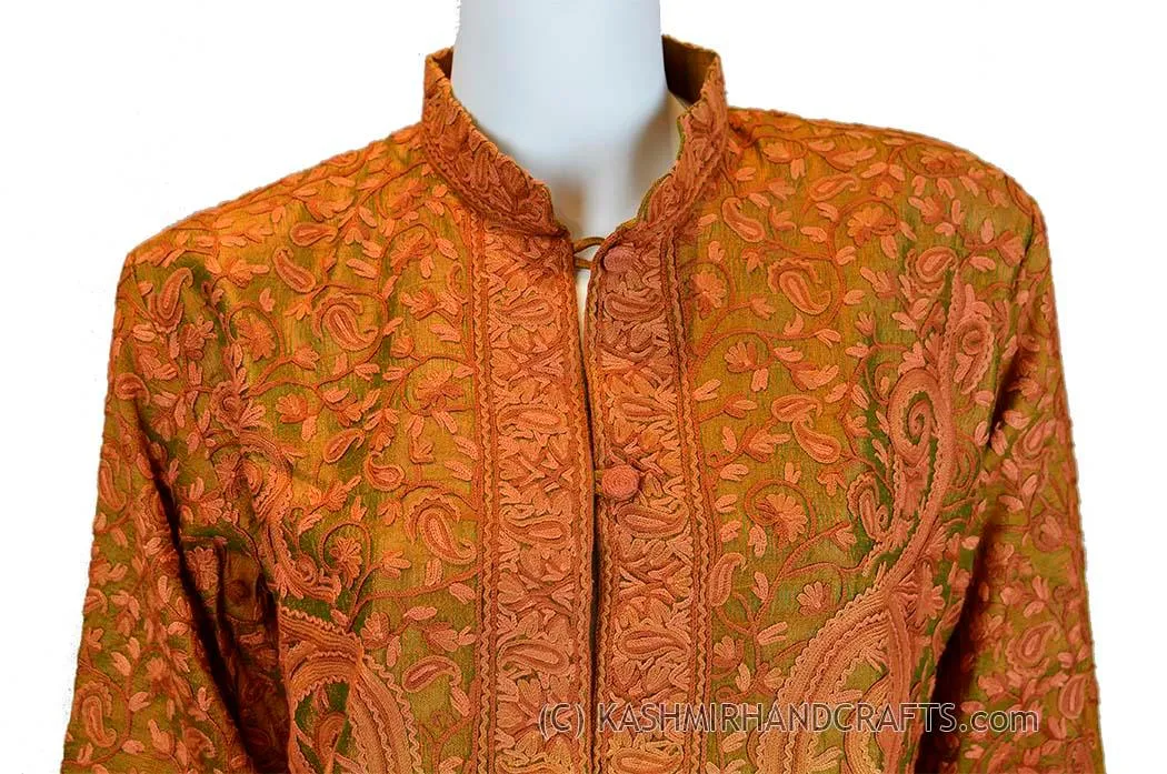 Green Rust Silk Jacket Iridescent Dinner Paisley Evening Dress Coat Hand Embroidered Kashmir