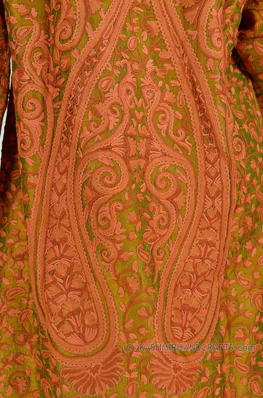 Green Rust Silk Jacket Iridescent Dinner Paisley Evening Dress Coat Hand Embroidered Kashmir