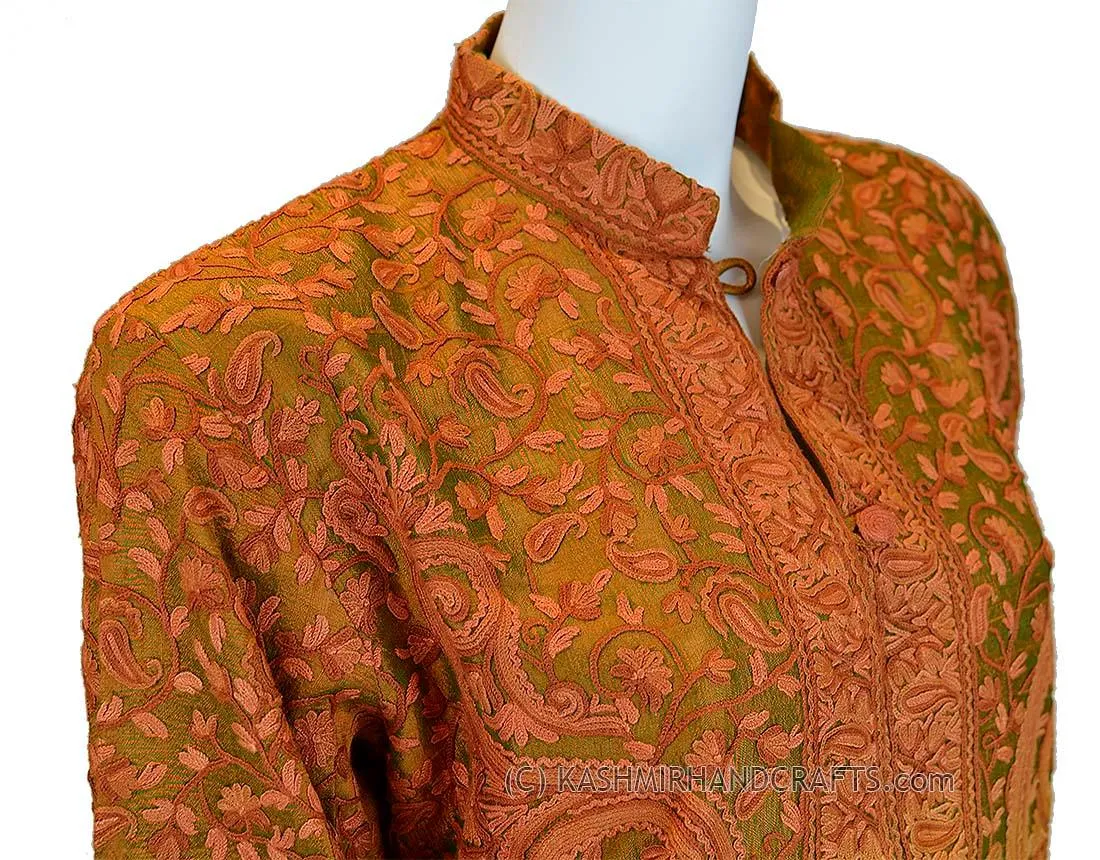 Green Rust Silk Jacket Iridescent Dinner Paisley Evening Dress Coat Hand Embroidered Kashmir