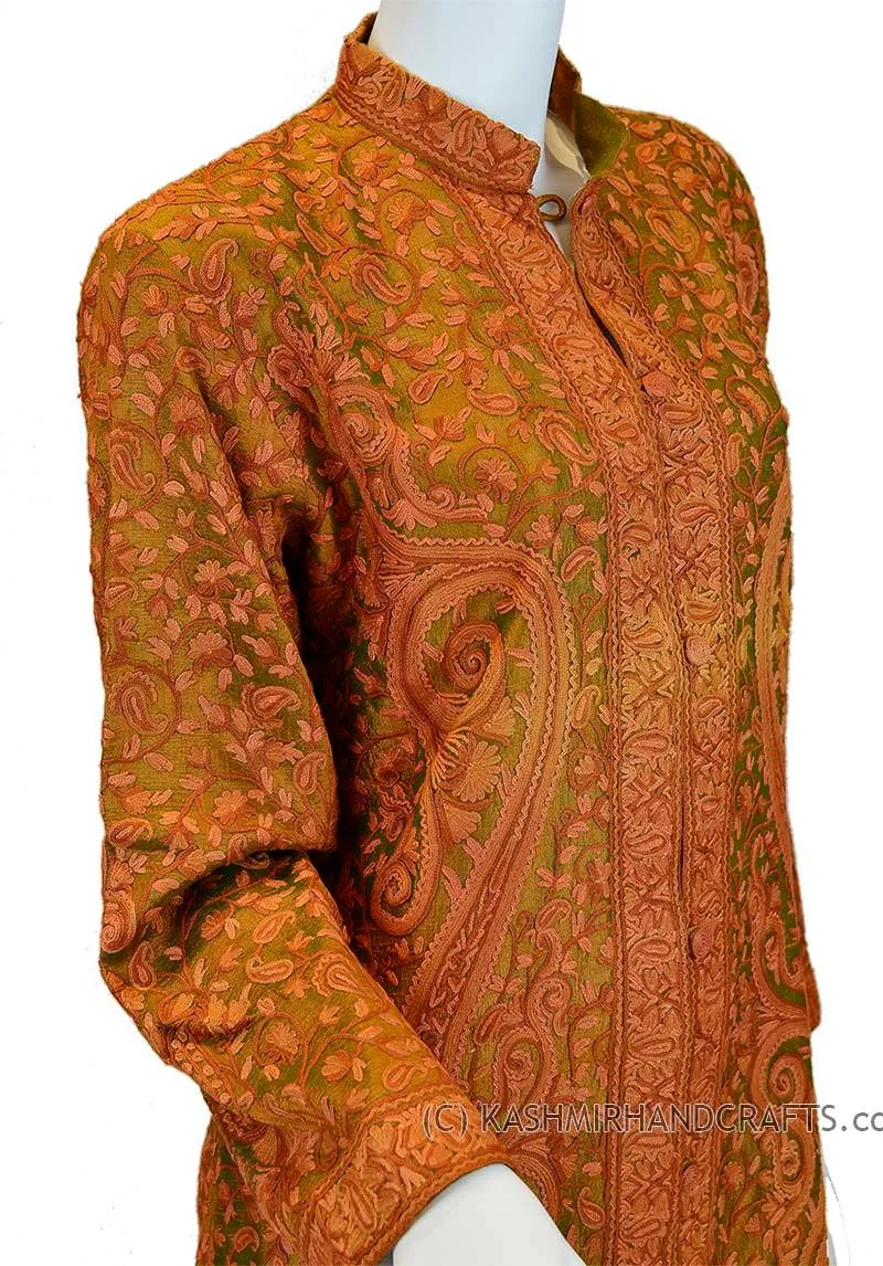 Green Rust Silk Jacket Iridescent Dinner Paisley Evening Dress Coat Hand Embroidered Kashmir