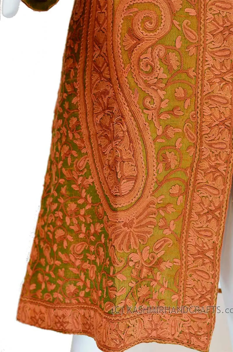 Green Rust Silk Jacket Iridescent Dinner Paisley Evening Dress Coat Hand Embroidered Kashmir