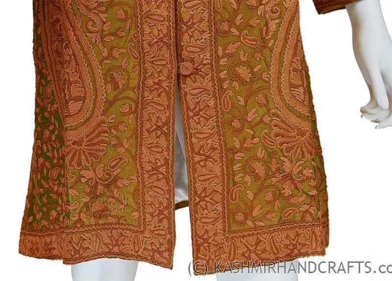 Green Rust Silk Jacket Iridescent Dinner Paisley Evening Dress Coat Hand Embroidered Kashmir