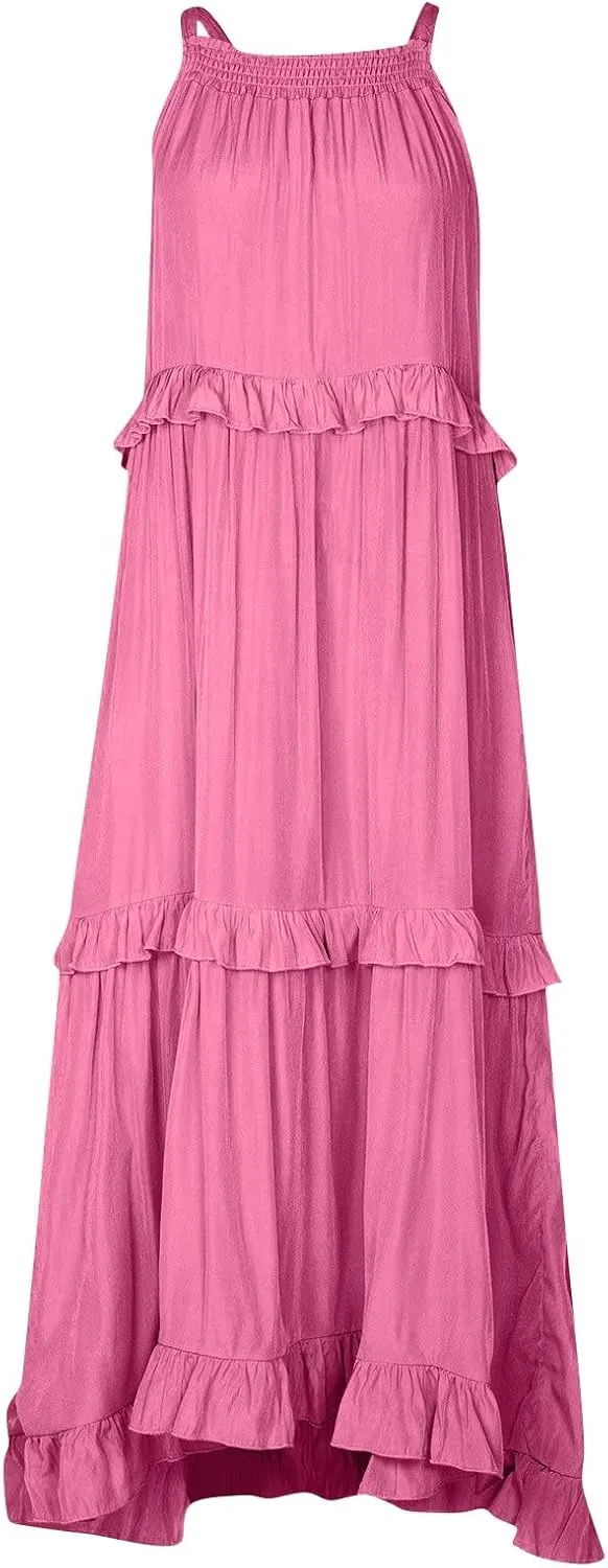 Halter Maxi Dresses for Women 2025 Summer Smocked Tiered Ruffle Dress Flowy Beach Wedding Guest Dress with Pockets