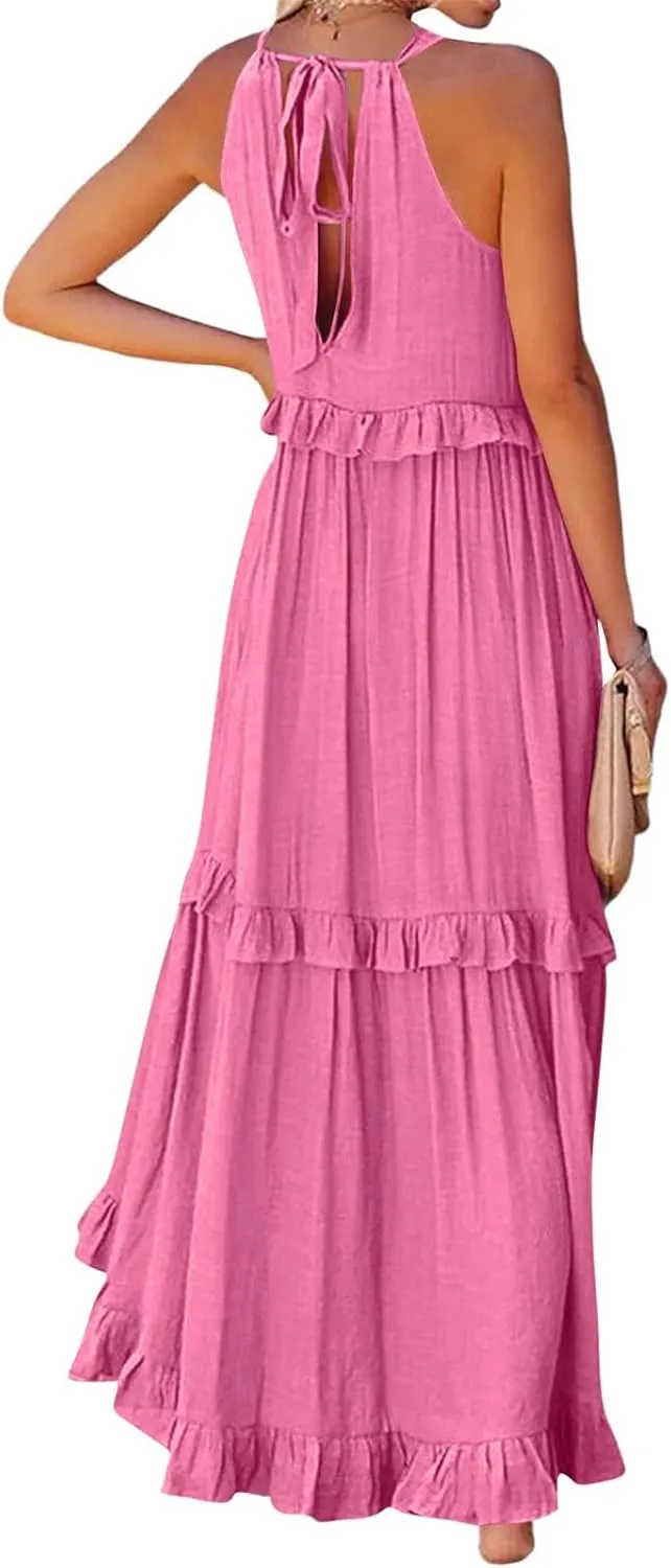 Halter Maxi Dresses for Women 2025 Summer Smocked Tiered Ruffle Dress Flowy Beach Wedding Guest Dress with Pockets