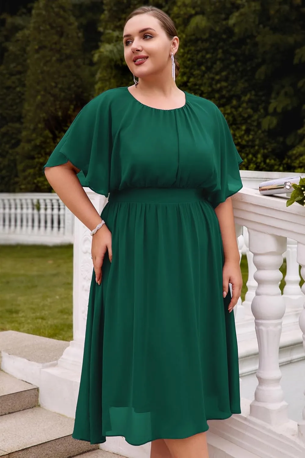 Hanna Nikole Plus Size Chiffon Dresses for Women Flounce Sleeves Empire Waist A Line Summer Beach Dress