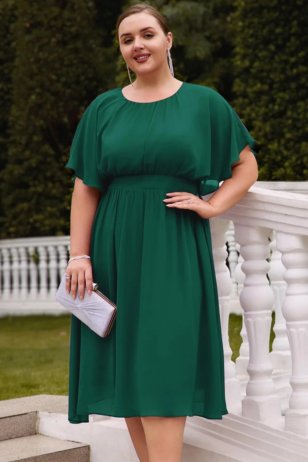 Hanna Nikole Plus Size Chiffon Dresses for Women Flounce Sleeves Empire Waist A Line Summer Beach Dress