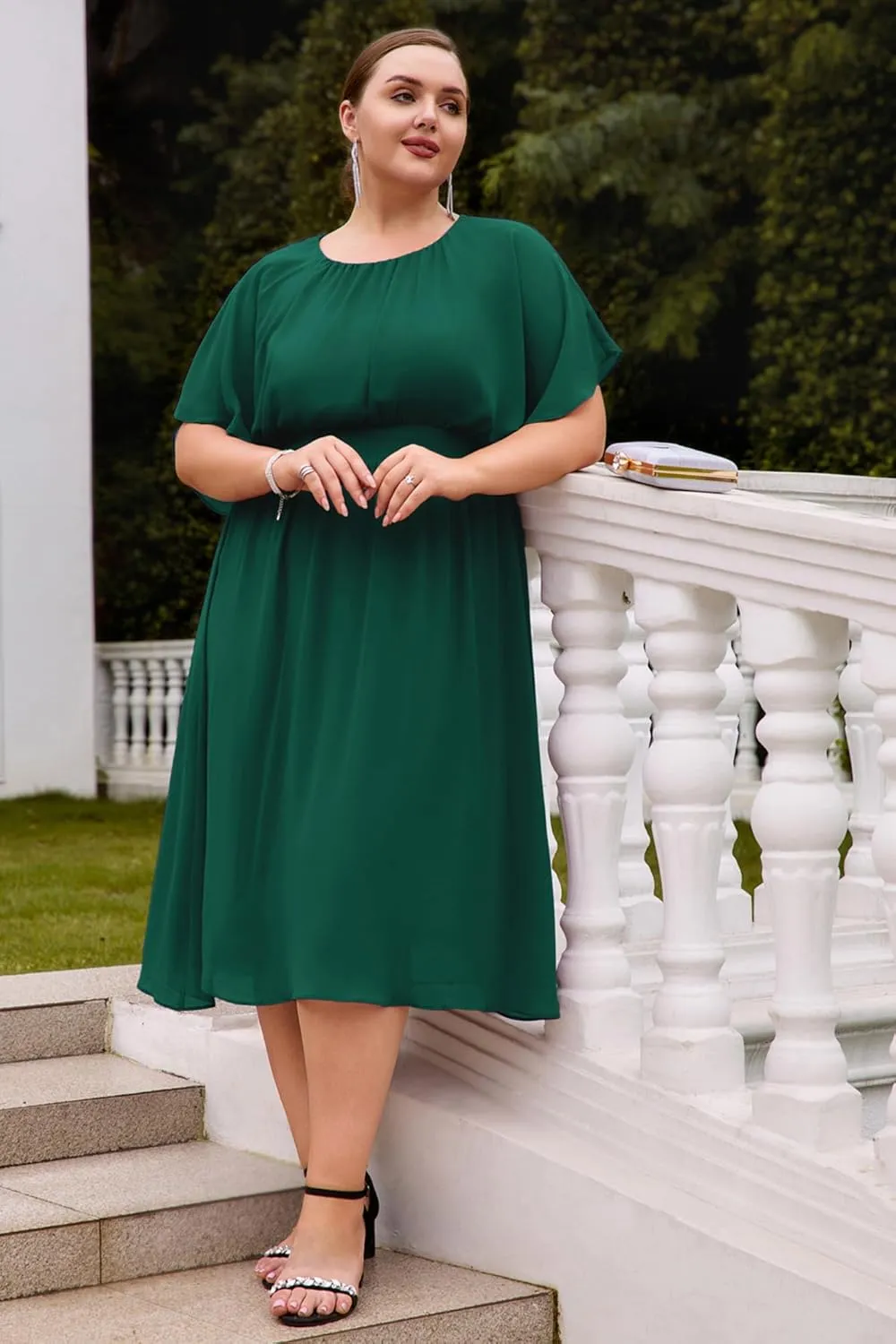 Hanna Nikole Plus Size Chiffon Dresses for Women Flounce Sleeves Empire Waist A Line Summer Beach Dress