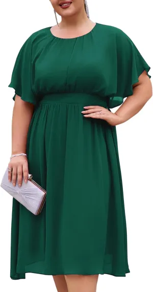 Hanna Nikole Plus Size Chiffon Dresses for Women Flounce Sleeves Empire Waist A Line Summer Beach Dress