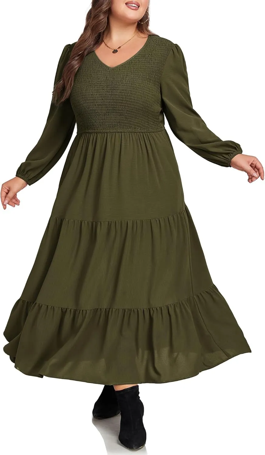 Hanna Nikole Women's Plus Size Spring Maxi Dress Long Sleeve Smocked Wedding Guest Casual Flowy Tiered Dresses with Pockets