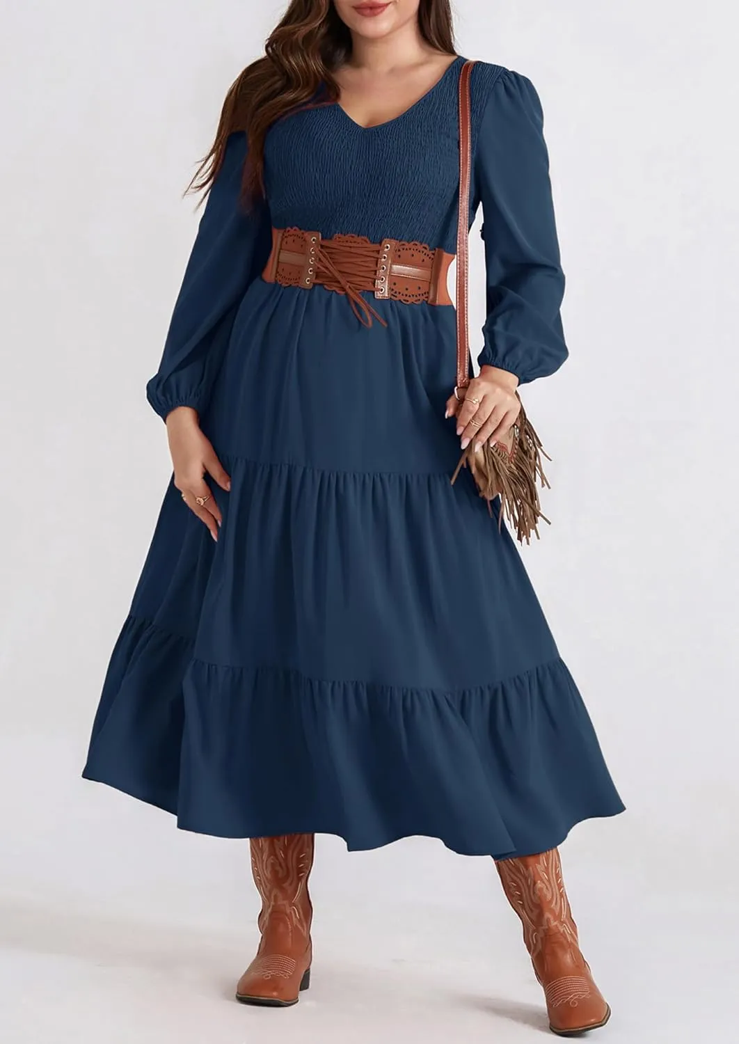 Hanna Nikole Women's Plus Size Spring Maxi Dress Long Sleeve Smocked Wedding Guest Casual Flowy Tiered Dresses with Pockets