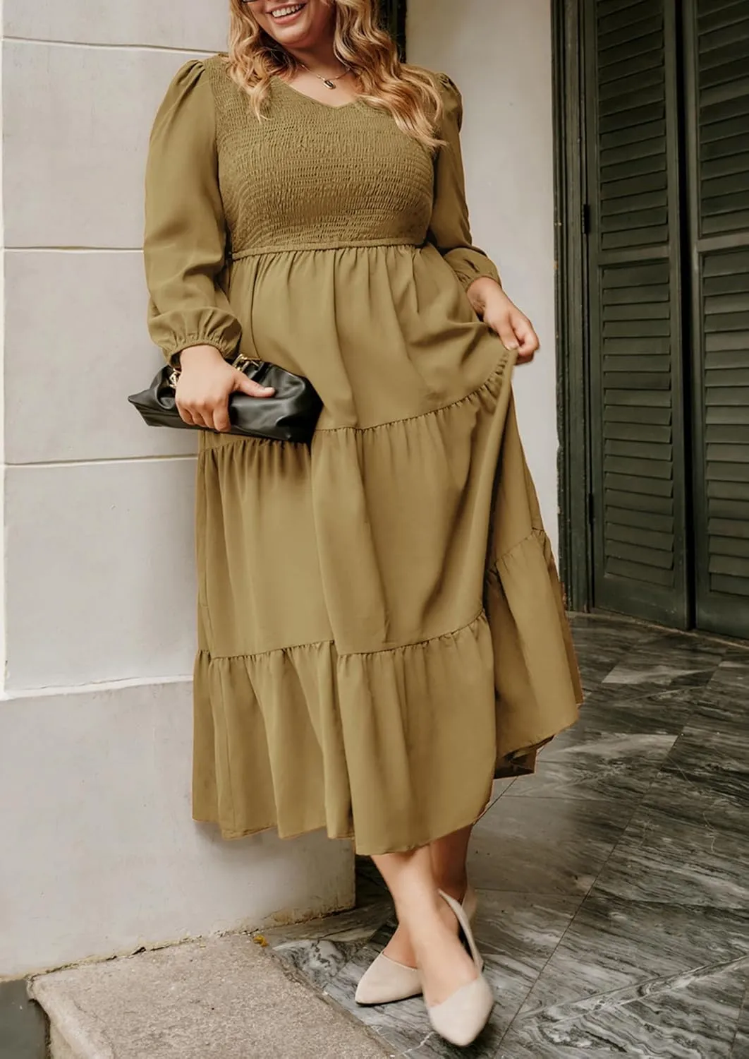 Hanna Nikole Women's Plus Size Spring Maxi Dress Long Sleeve Smocked Wedding Guest Casual Flowy Tiered Dresses with Pockets