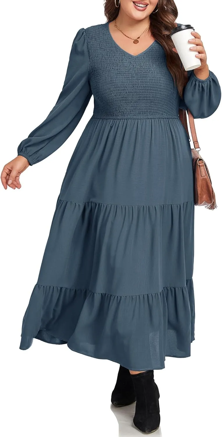 Hanna Nikole Women's Plus Size Spring Maxi Dress Long Sleeve Smocked Wedding Guest Casual Flowy Tiered Dresses with Pockets