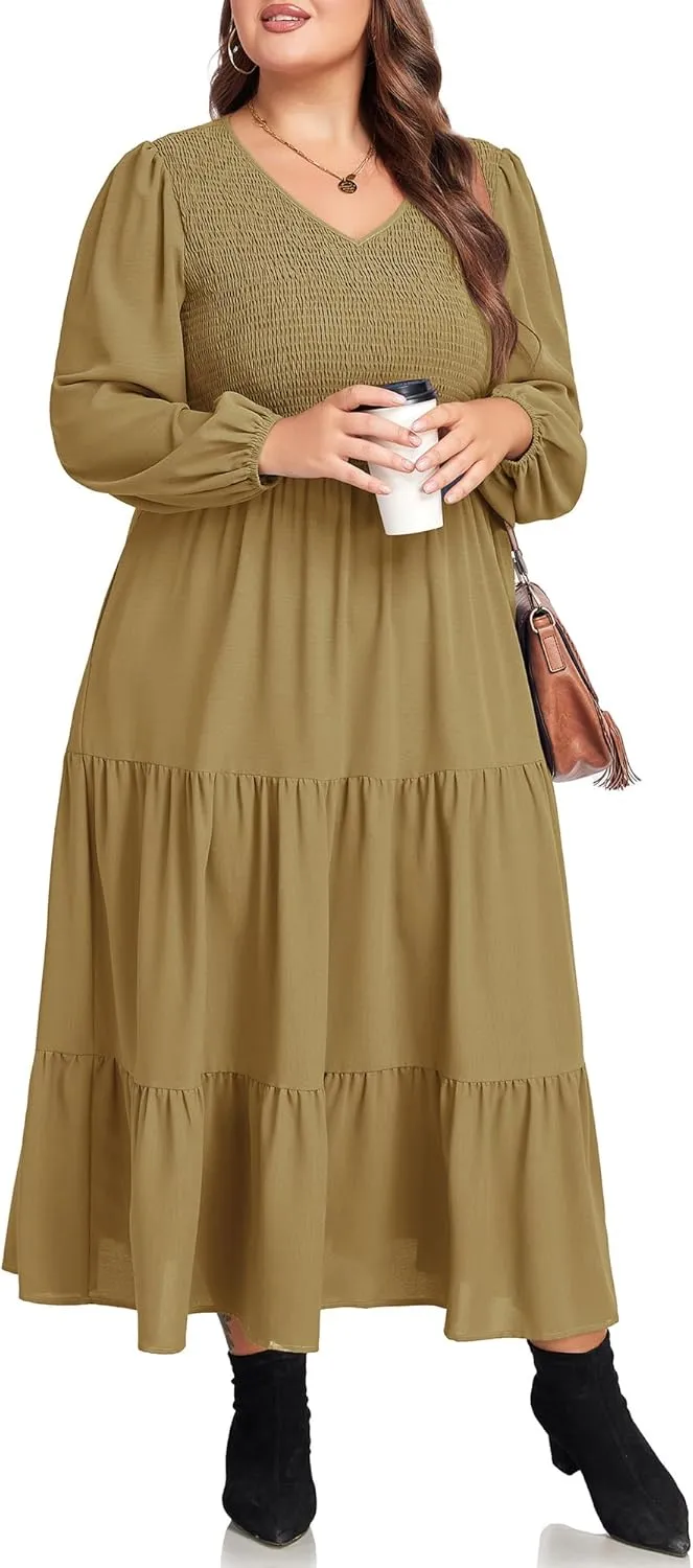 Hanna Nikole Women's Plus Size Spring Maxi Dress Long Sleeve Smocked Wedding Guest Casual Flowy Tiered Dresses with Pockets