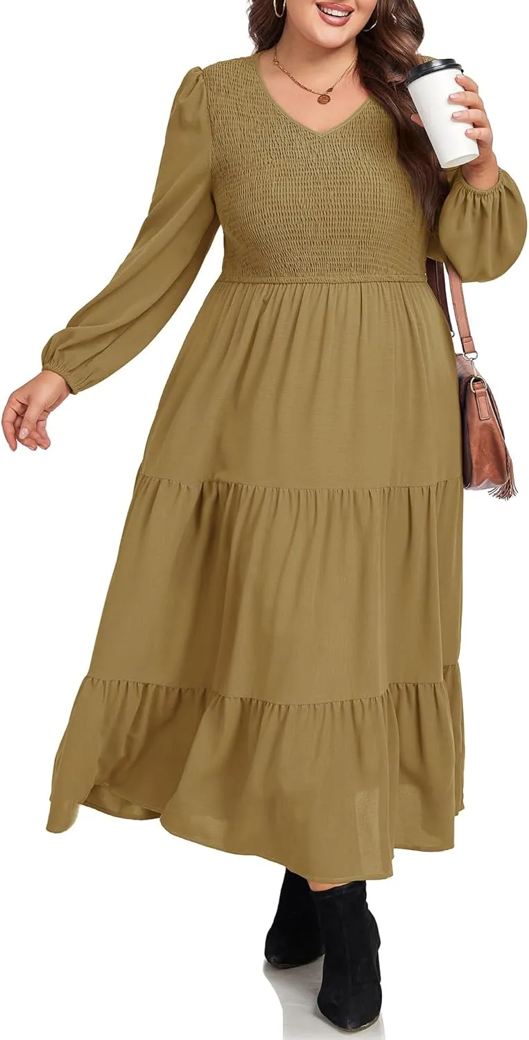 Hanna Nikole Women's Plus Size Spring Maxi Dress Long Sleeve Smocked Wedding Guest Casual Flowy Tiered Dresses with Pockets