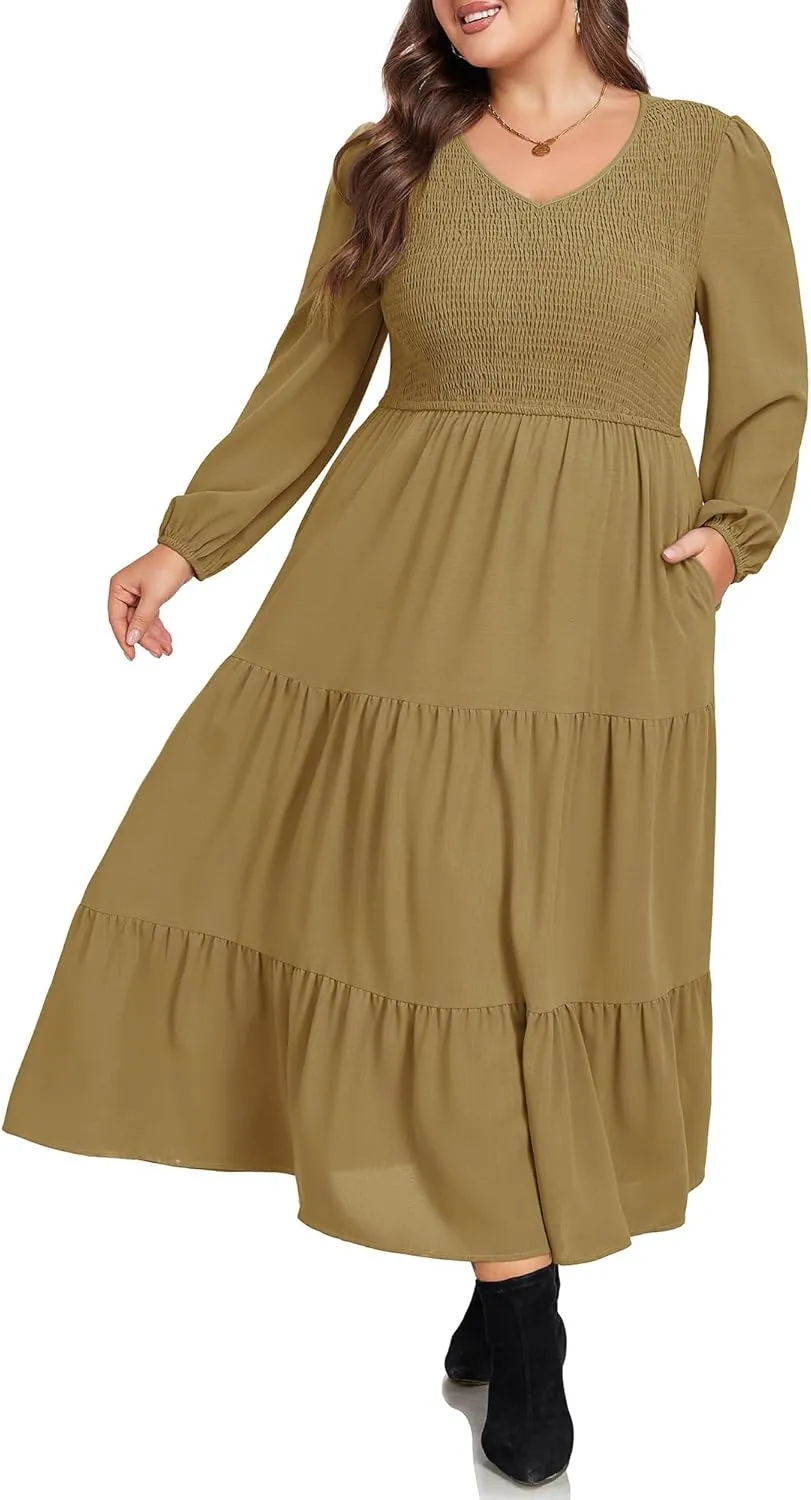 Hanna Nikole Women's Plus Size Spring Maxi Dress Long Sleeve Smocked Wedding Guest Casual Flowy Tiered Dresses with Pockets